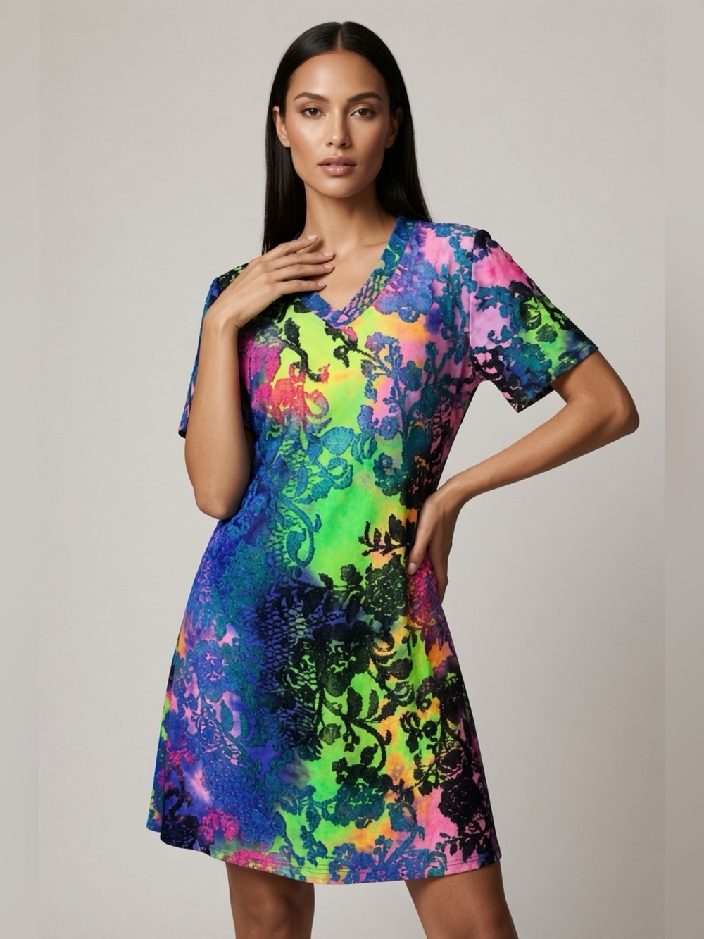 V-Neck Short Sleeve Midi Dress in Neon Multi